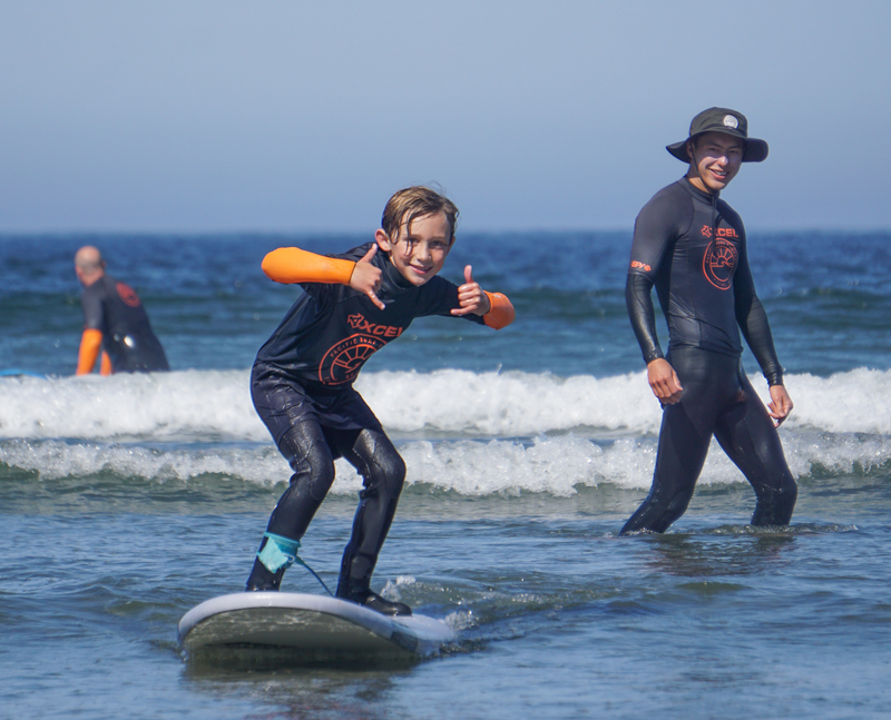 Child in a wetsuit learning to surf with an instructor on a beach.